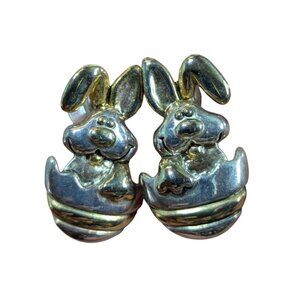 Mj Signed Two-Tone Easter Bunny Earrings Gold & Silver Studs